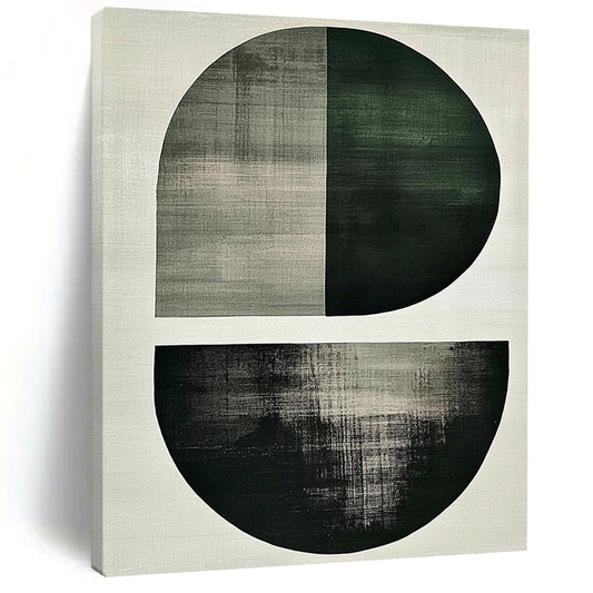 Contemporary abstract art featuring minimalist Japandi style with large green and grey shapes a central oval and umber half-circle on a white background. DLZ1617