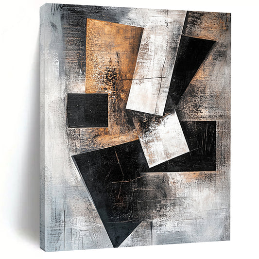 Gray, Black, White, Brown, Geometric Shapes "Industrial Puzzle" Abstract Cubist - Inspired Painting On Canvas HB059