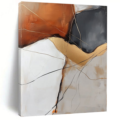 Contemporary hand-painted abstract artwork featuring an orange white grey rock with golden veins and delicate black lines enhancing visual depth. DLZ0963