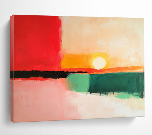 “Color Block Sunset” - Red, Orange, Yellow, Green, Pink, Minimalist Abstract Sunset Painting On Canvas HB1069