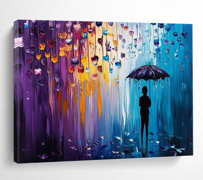 “Color - Dripping Umbrella Silhouette” - Purples, Blues, Oranges, Figure with Umbrella - Palette Knife Acrylic Painting HB1587