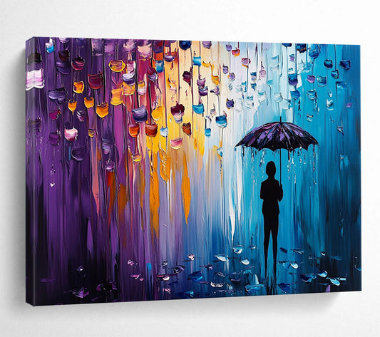 “Color - Dripping Umbrella Silhouette” - Purples, Blues, Oranges, Figure with Umbrella - Palette Knife Acrylic Painting HB1587