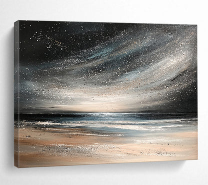 “Starry Night Beach” - Black, Silver, Beige, Celestial Seaside Scene Painting On Canvas HB1026