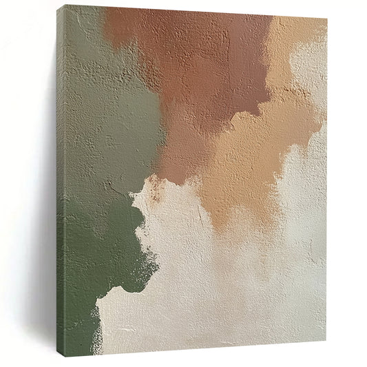 Contemporary abstract artwork featuring an irregular blend of beige, brown, and green on an off-white wall, perfect for modern decor. DLZ1197