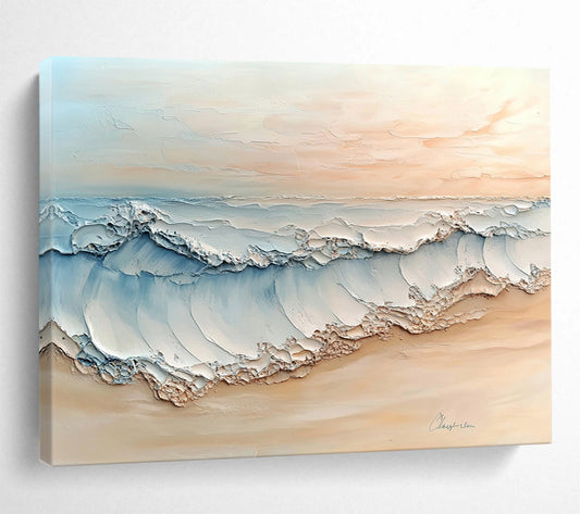 “Pastel Beach Wave Art” - Beige, Blue, White, Textured Beach Wave Painting On Canvas HB0974