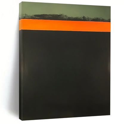 Contemporary abstract art features a bold orange strip atop a dark green background showcasing elegant simplicity and striking color contrast. DLZ1634