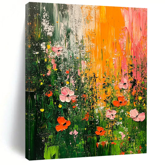Contemporary hand-painted abstract artwork featuring an overgrown garden with vibrant green pink and orange flowers using thick brush strokes and rich texture on canvas. DLZ0966