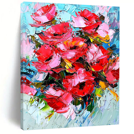 Bold contemporary abstract art featuring vibrant red roses with dynamic impasto texture and energetic brushstrokes for a striking visual impact. DLZ1158
