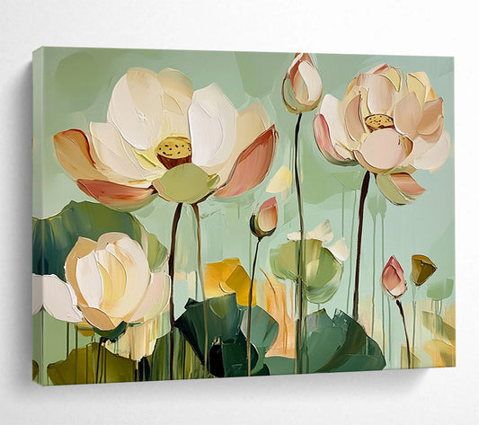 “Soft - Hued Lotus Serenity” - Pale Pink, Green, Cream, Graceful Lotus Blooms Painting On Canvas HB1018