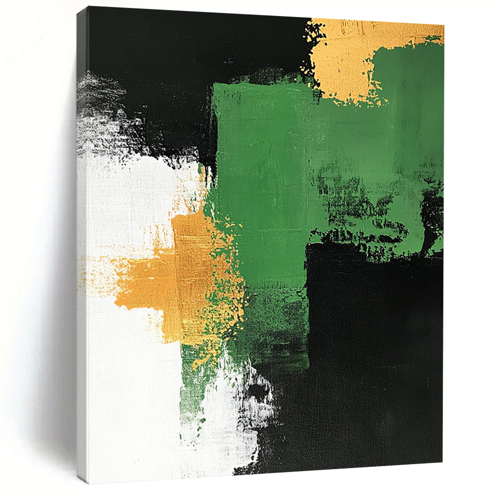 Contemporary hand-painted abstract artwork features a green and white palette with gold accents bold brush strokes on a black background framed by white. DLZ0878