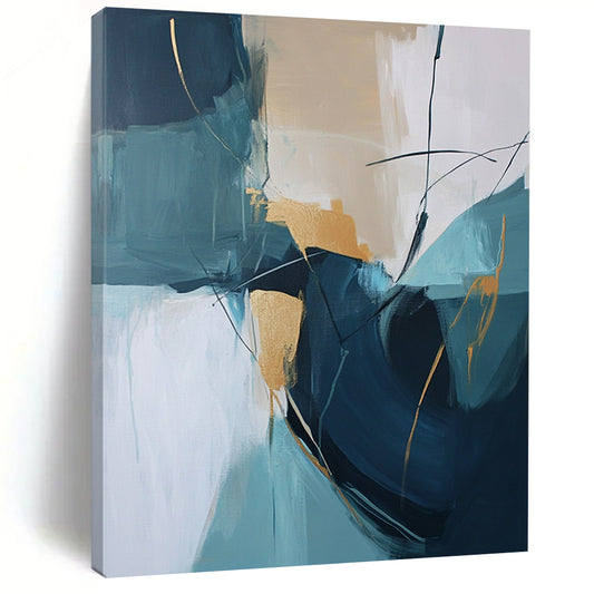 Large contemporary hand-painted abstract artwork featuring beige and teal colors with thick brush strokes and gold accents. DLZ0728