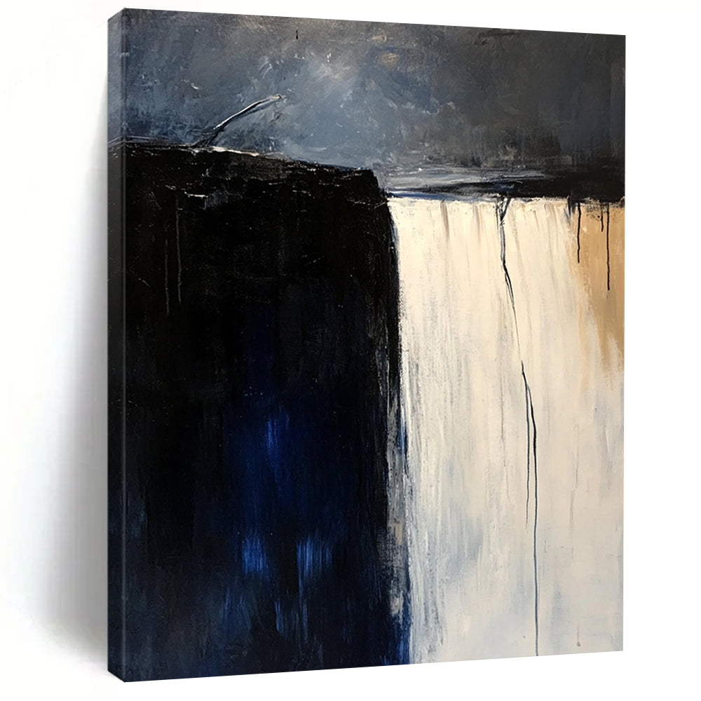 Large contemporary hand-painted abstract artwork featuring a white waterfall against a dark blue sky in a minimalist beige and black palette. DLZ0610