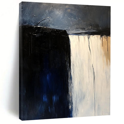Large contemporary hand-painted abstract artwork featuring a white waterfall against a dark blue sky in a minimalist beige and black palette. DLZ0610