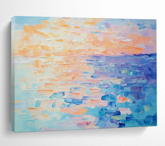 “Pastel Sunset Sea” - Peach, Orange, Blue, Purple, Soft Seaside Dusk Painting On Canvas HB1035