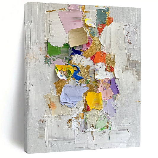 Contemporary abstract oil painting features gold leaf accents thick textures and vibrant colors on a white background with scattered colored paper pieces. DLZ0451
