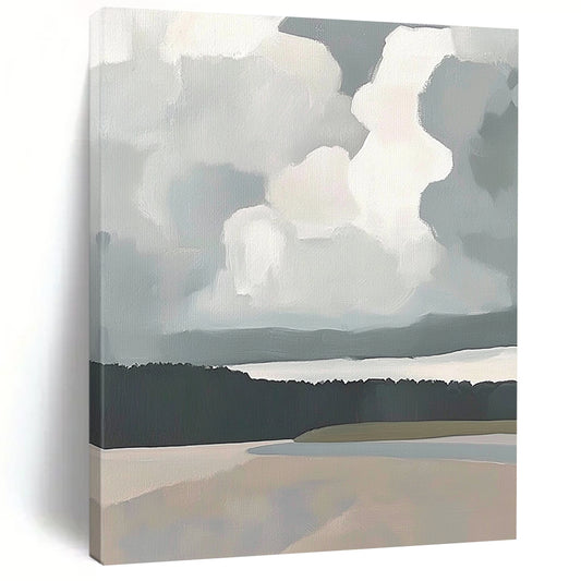 Contemporary abstract artwork featuring soft clouds on the horizon with muted colors and a minimalist landscape inspired by Fairfield Porter. DLZ0479