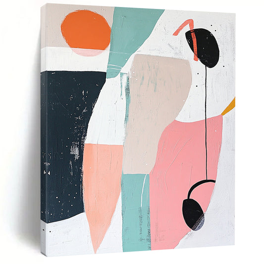 Large contemporary hand-painted abstract artwork featuring geometric shapes in soft pastels creating a calm and soothing atmosphere with negative space and a small black headphone detail. DLZ1374