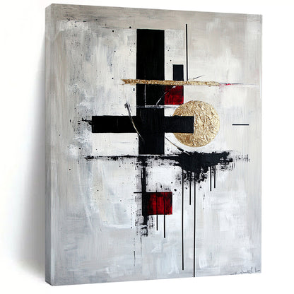 Black, White, Gold, Red with Bold Forms "Artistic Fusion" Abstract Painting On Canvas HB005