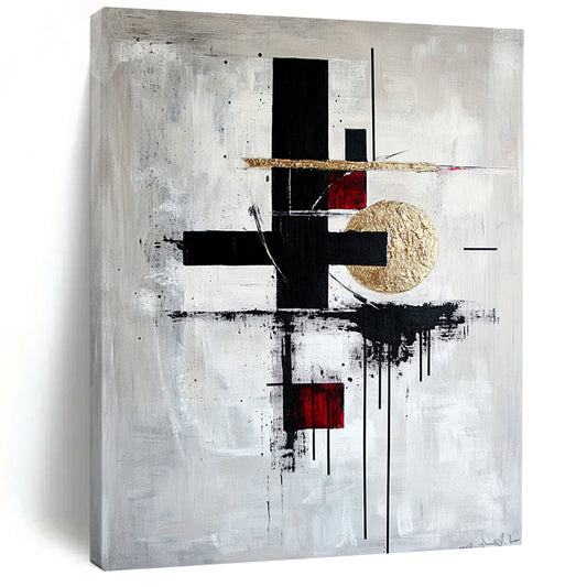 Black, White, Gold, Red with Bold Forms "Artistic Fusion" Abstract Painting On Canvas HB005