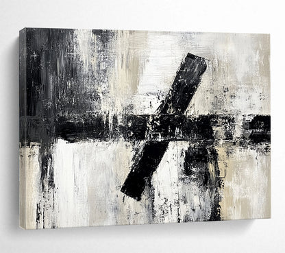 “Textured Black - White Cross Abstraction” - Black, White, Gray, Textured Crosses Painting On Canvas HB0803