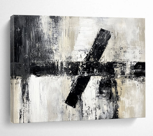 “Textured Black - White Cross Abstraction” - Black, White, Gray, Textured Crosses Painting On Canvas HB0803