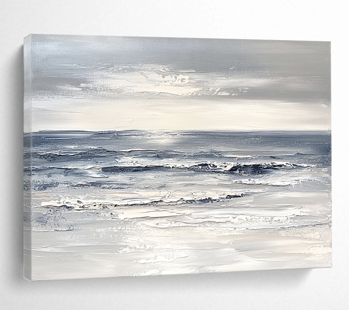 “Gray and White Seascape” - Gray, White, Textured Ocean Painting On Canvas HB1011