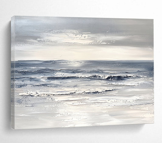 “Gray and White Seascape” - Gray, White, Textured Ocean Painting On Canvas HB1011