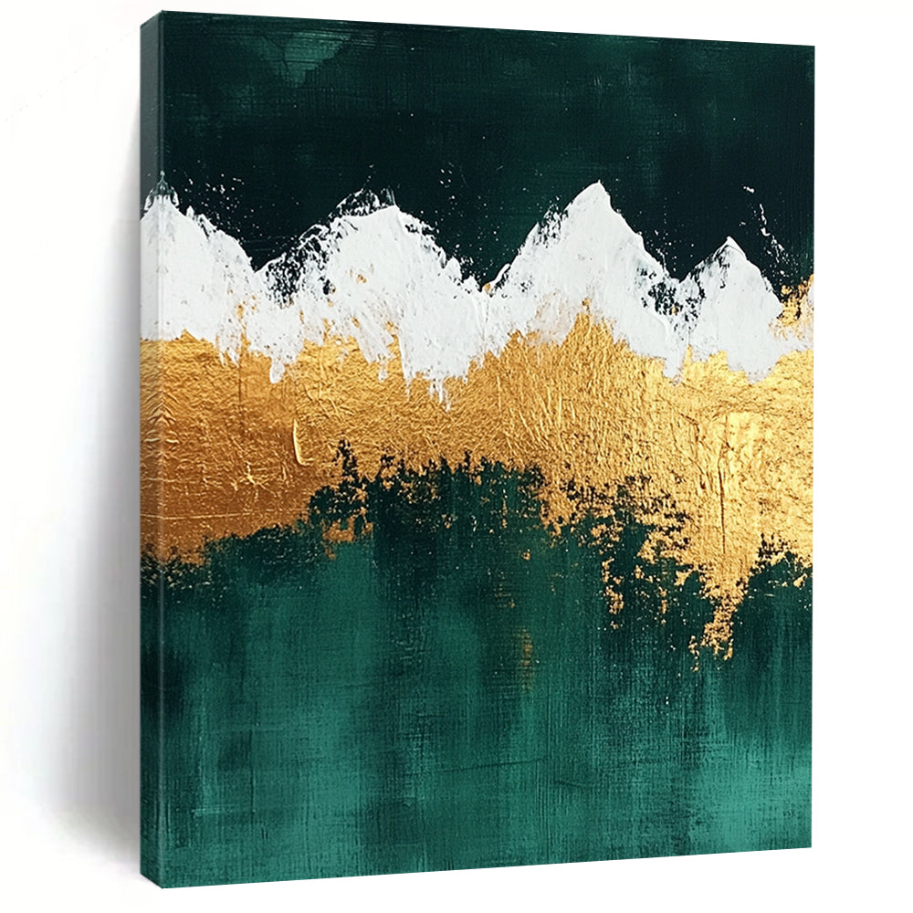 Contemporary hand-painted abstract art featuring gold and emerald green mountains with white snow enhanced by gold foil and textured surfaces. DLZ1321