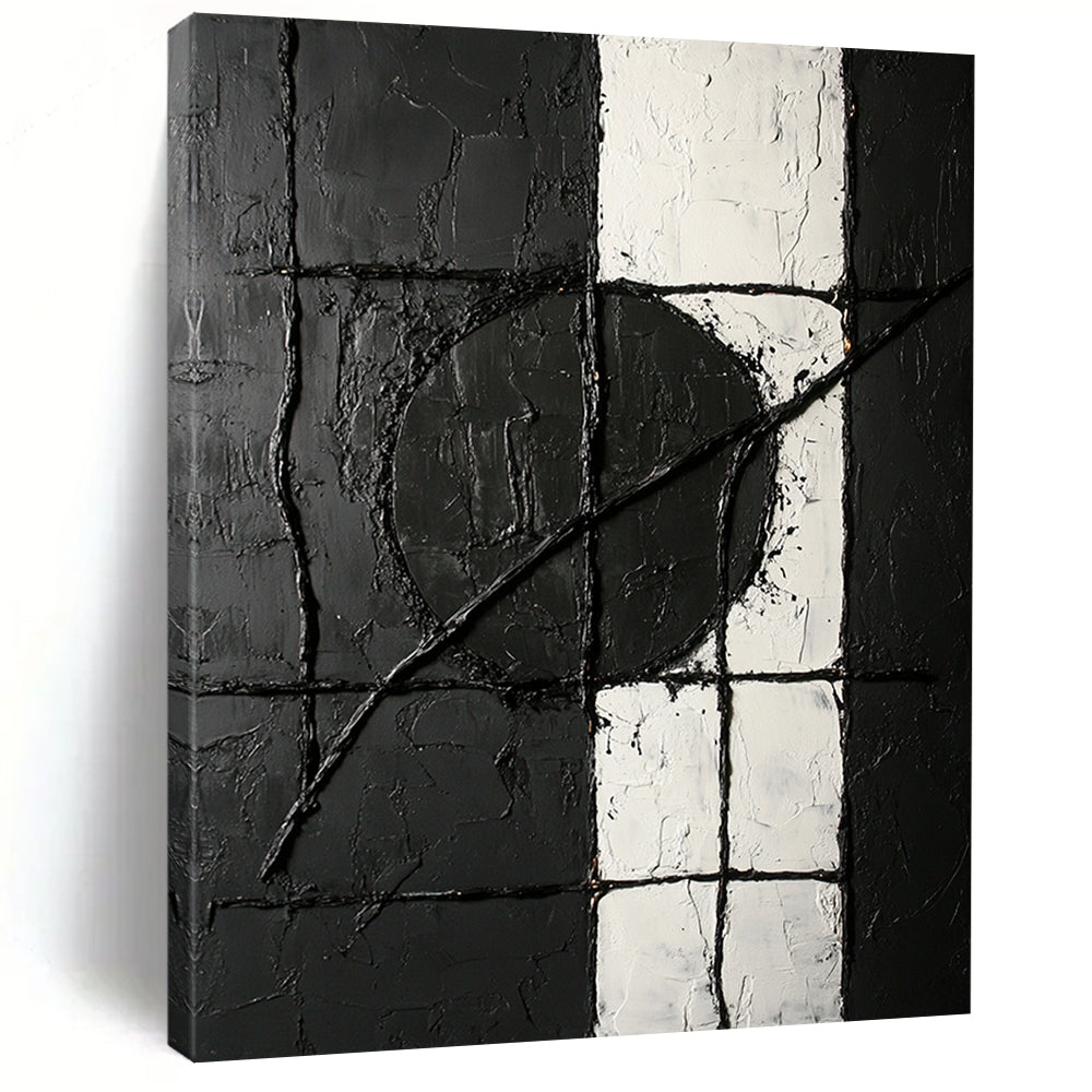 Black, White, Textured Grid "Monochrome Maze" Abstract Minimalist Painting On Canvas HB074
