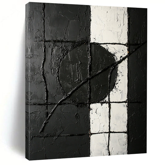 Black, White, Textured Grid "Monochrome Maze" Abstract Minimalist Painting On Canvas HB074