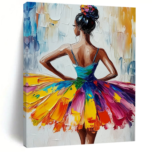 Vibrant contemporary abstract art featuring an African American ballerina in a colorful tutu with expressive brushstrokes on a textured white canvas. DLZ1118