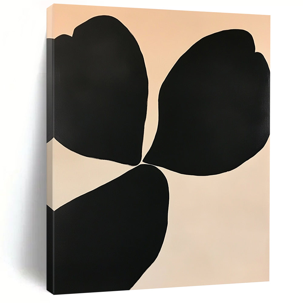 Large contemporary abstract painting featuring elegant floral shapes in black and white on an off-white background with subtle color gradients for depth. DLZ1339