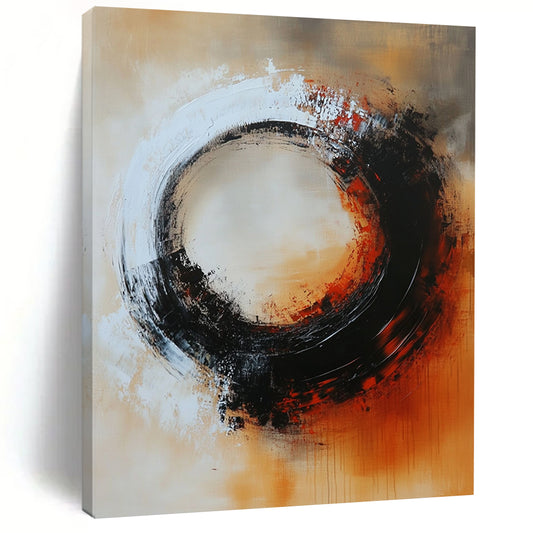 Large contemporary hand-painted abstract artwork featuring a circular composition with warm tones and mysterious elements in dark gray and soft reds. DLZ0702