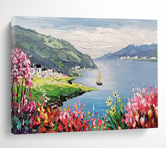 Lakeside Village with Sailboat - Romantic Living Room or Bedroom Art DLZ209