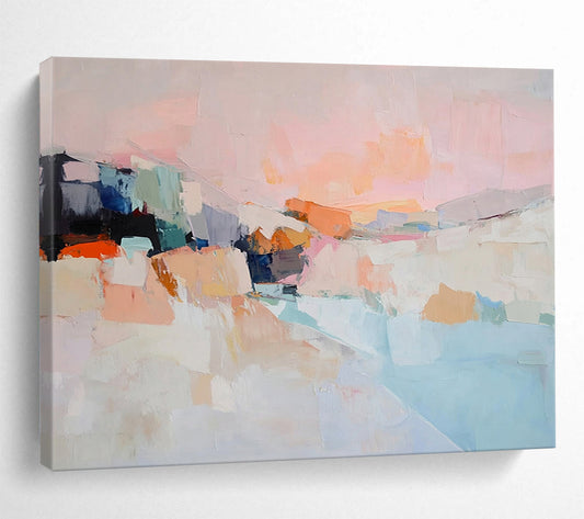 Soft Pink and Colorful Abstract Landscape - “Blush Horizon” Painting On Canvas HB1456