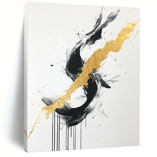 Black, White, Gold, Gray, Intertwined Strokes "Gilded Fusion" Abstract Expressionist Painting On Canvas HB099