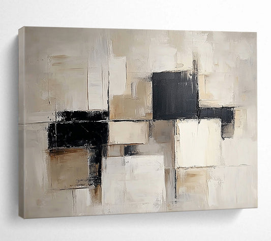“Neutral Geometric Blocks” - Beige, Black, White, Abstract Cubes Painting On Canvas HB1054