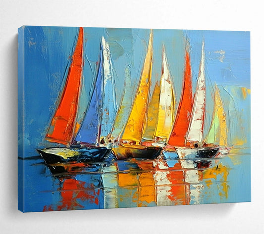 “Vibrant Regatta” - Red, blue, yellow; Colorful sailboats racing on bright water; Palette Knife Oil Painting On Canvas HB1167