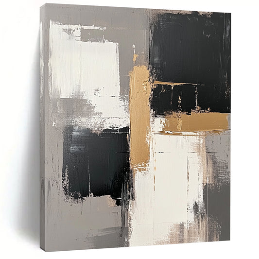 Contemporary hand-painted abstract art features neutral tones and gold accents with thick brush strokes and atmospheric blurred edges on a grey background. DLZ0564