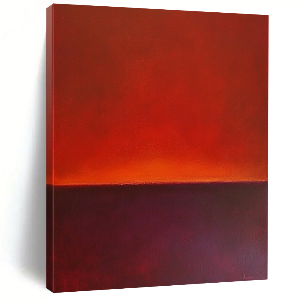 Contemporary hand-painted abstract art featuring a horizon line with rich red and purple hues against a solid background. DLZ1385