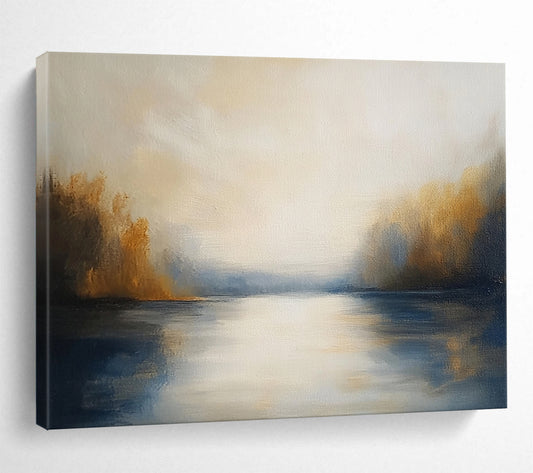 “Sunlit Lake Reflection” - Whites, Yellows, Blues, Brown, Lake Scene - Impressionist Oil Painting HB1572