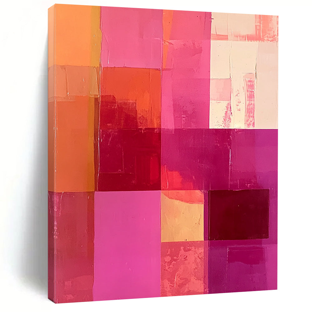 Large contemporary hand-painted abstract artwork featuring a vibrant hot pink and peach color scheme with bold squares and rectangles. DLZ1327