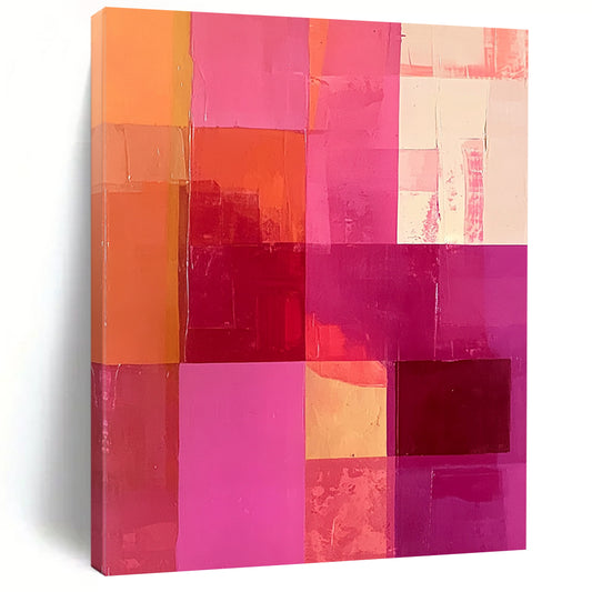 Large contemporary hand-painted abstract artwork featuring a vibrant hot pink and peach color scheme with bold squares and rectangles. DLZ1327