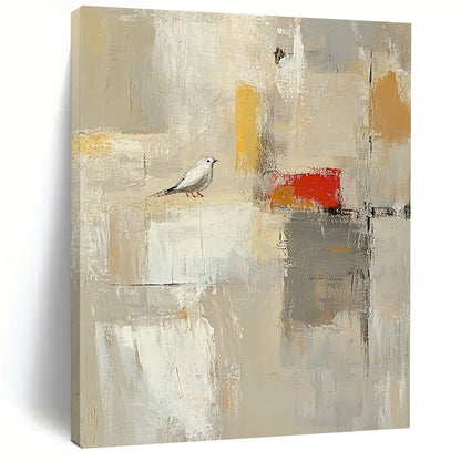 Contemporary hand-painted abstract artwork featuring large white spaces, textured brush strokes, and neutral colors highlighted with red and yellow accents. DLZ0920