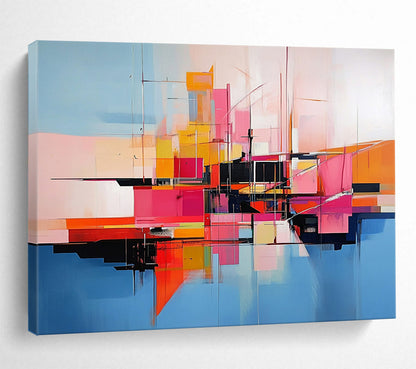 “Abstract Colorful City Geometry” - Colorful, Geometric Urban Shapes, Reflection Painting On Canvas HB0850