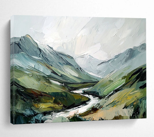 “Textured Mountain Valley” - Green, Blue, Gray, Layered Alpine Landscape Painting On Canvas HB1028