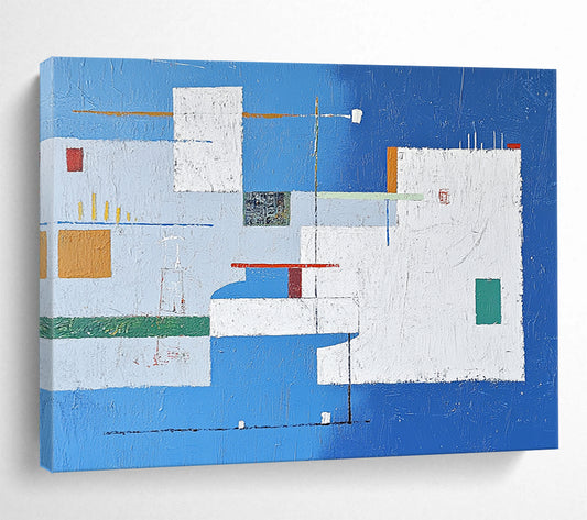 “Blue - White Abstract Geometric Composition” - Blue, White, Colorful Geometric Shapes Painting On Canvas HB0835
