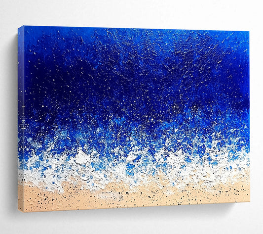 “Textured Ocean Waves” - Deep blues, whites, beiges; Impasto waves crashing on a sandy beach; Palette Knife Acrylic Painting On Canvas HB1184
