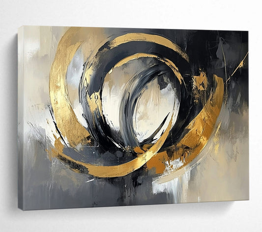 “Swirling Gold - Gray Circles” - Gold, Gray, Swirling Circles Painting On Canvas HB0793