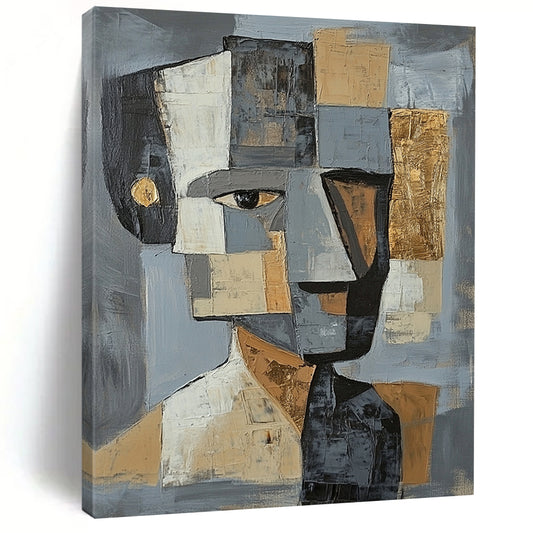 Gray, Black, White, Gold and Brown Cubist Portrait "Abstract Identity" Painting On Canvas HB356